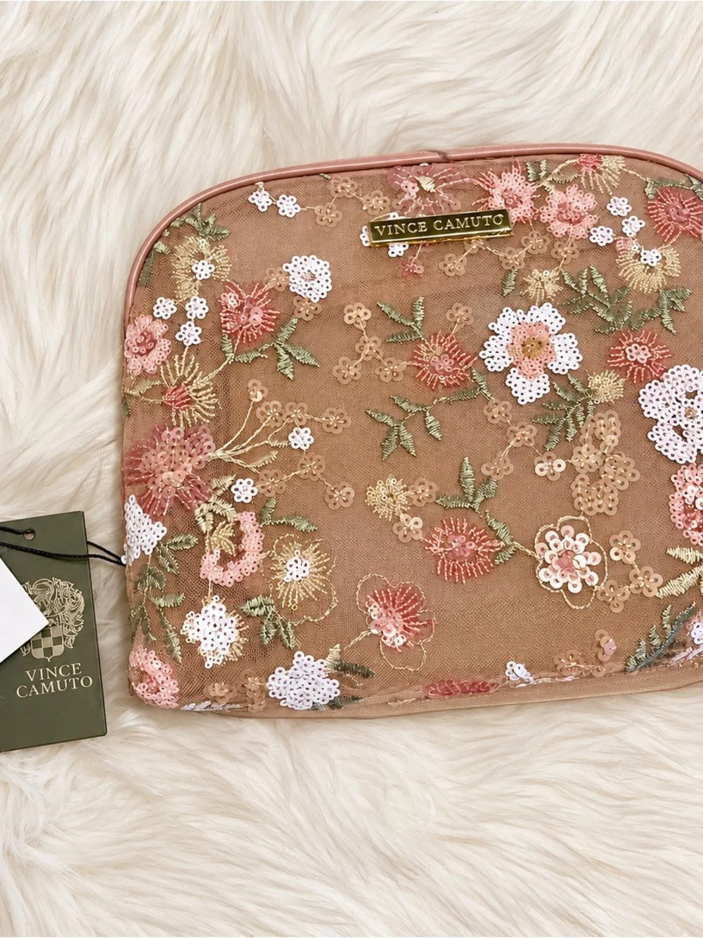 Vince Camuto Blush Pink Mesh Travel Makeup Cosmetic Pouch NWT
